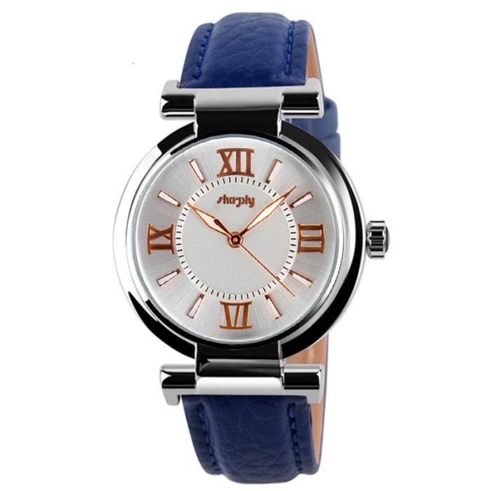 SHARPHY® Montre Femmes de Marque chiffres romains étanche Bracelet en Cuir Bleu