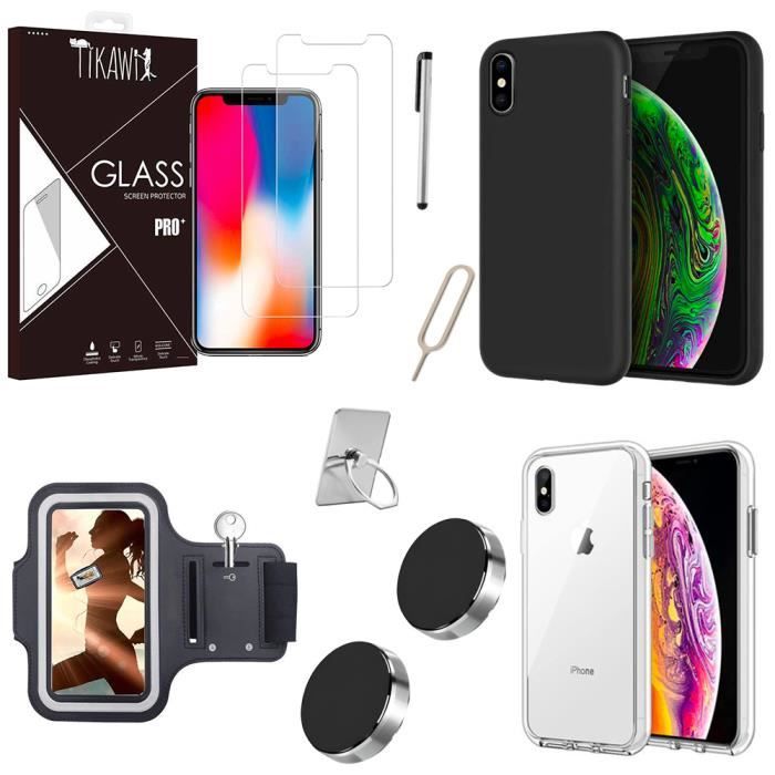 Tikawi Pack 10 Accessoires Iphone X/XS : x2 Coques, x2 Verres trempés, x2 Supports Voiture, Ring, Brassard, Stilet, Ejecteur Sim.
