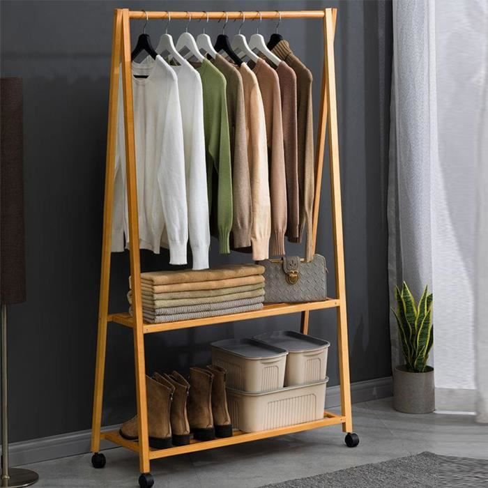 VINTEKY® Penderie/Portant à vetement solide en bois bambou, avec 2 étagères de rangement et roulettes 90x32x149cm - Naturel