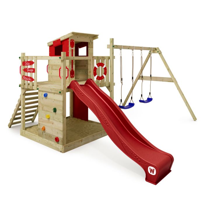WICKEY Aire de jeux Portique bois Smart Camp avec balançoire et toboggan rouge Cabane enfant extérieure avec bac à sable