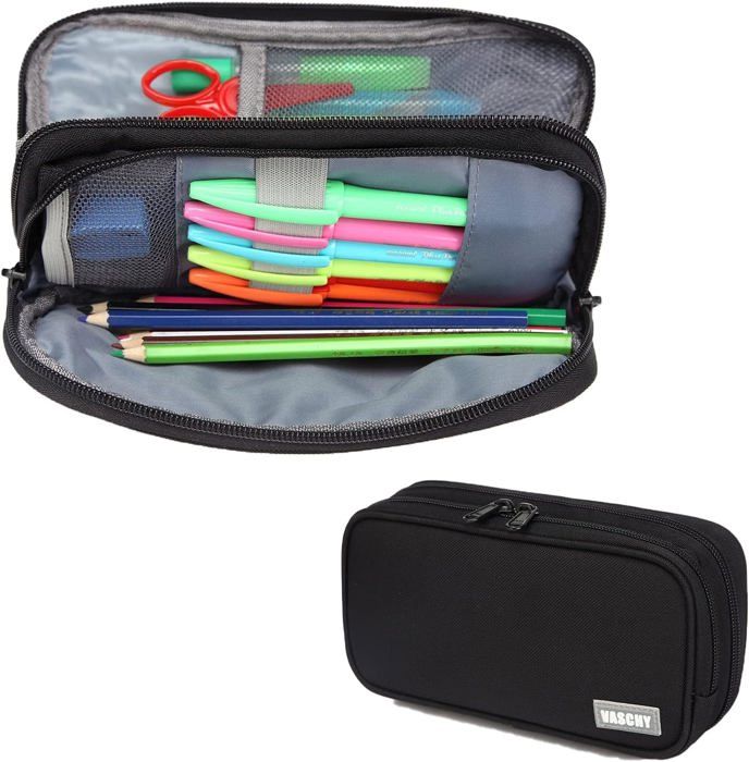 Grande Trousse Scolaire En Toile Oxford - 24x11x7 Cm - Grande Capacité Pour Collège, Bureau - Noir