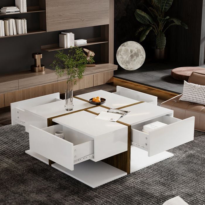 Table basse avec 4 tiroirs de rangement Carré Table dappoint 78x78x34.8cm Blanc bois
