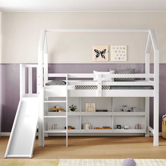 DRIPEX Lit Mezzanine 90×200cm Lit maison avec toboggan & escalier & casier & étagère Lit denfant multifonctionnel Blanc