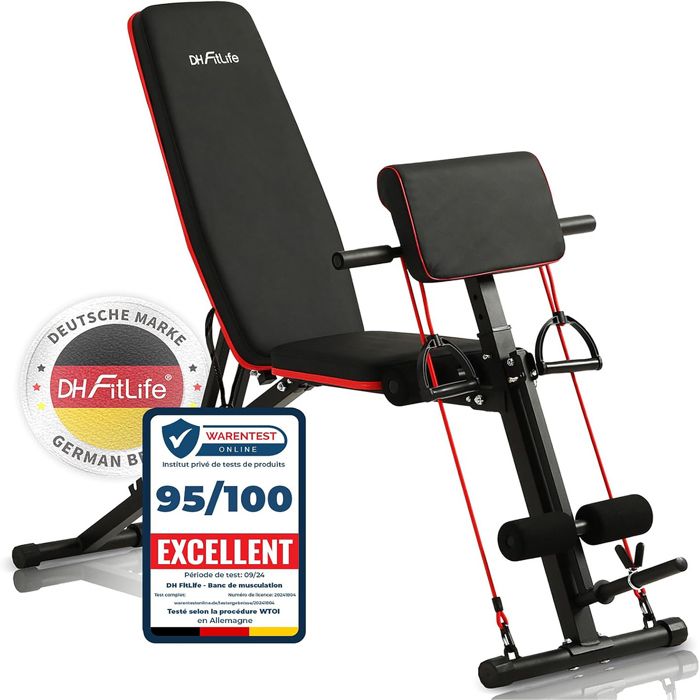 DH FitLife Banc de musculation pliable réglable pour développé couché curl biceps avec banc de curl et extensions de jambes