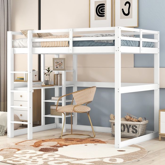 Lit mezzanine adulte 140x200cm Lit enfant Lit loft en bois avec bureau étagères rangement et sommier à lattes - blanc