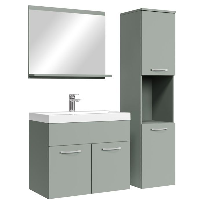 Ensemble de meubles de salle de bain Montreal 60 x 35 cm - Vert mat - avec miroir et armoire latérale Ensemble de meubles de salle de bain Montreal 60 x 35 cm - Vert mat - avec miroir et armoire latérale