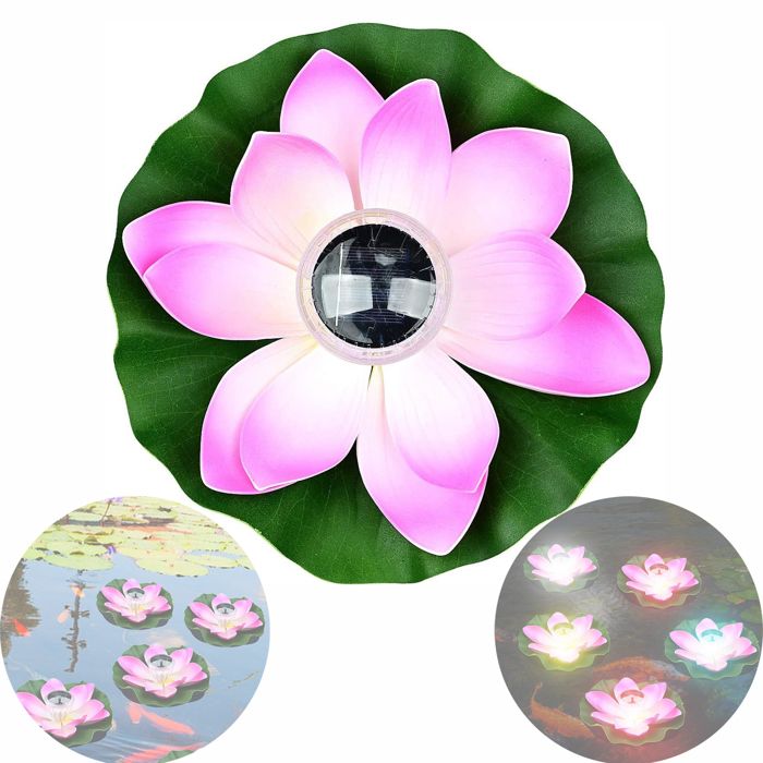 Éclairage de bassin solaire flottant Lotus décoratif lumineux diamètre 28 cm rose