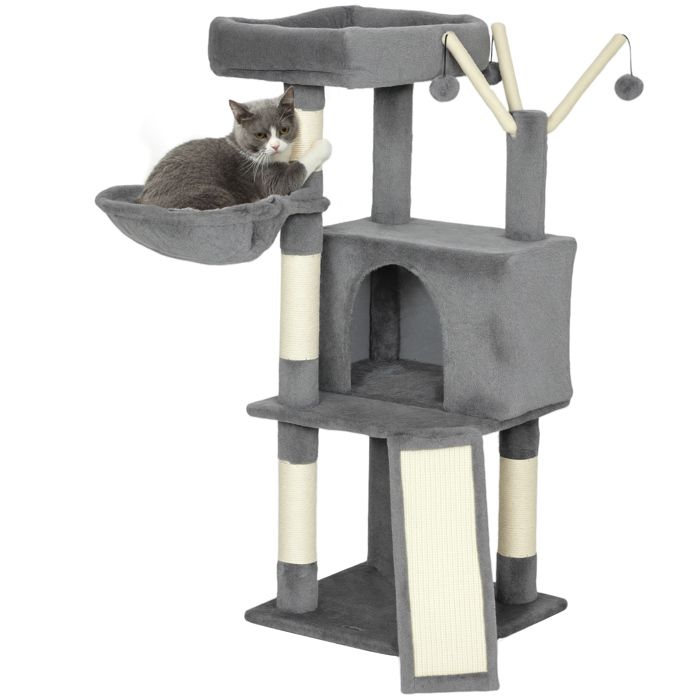 Meilleurs prix pour Arbre à chat - PawHut - griffoirs et tapis en sisal plate-forme niche hamac balles suspendues - tissu peluche - gris