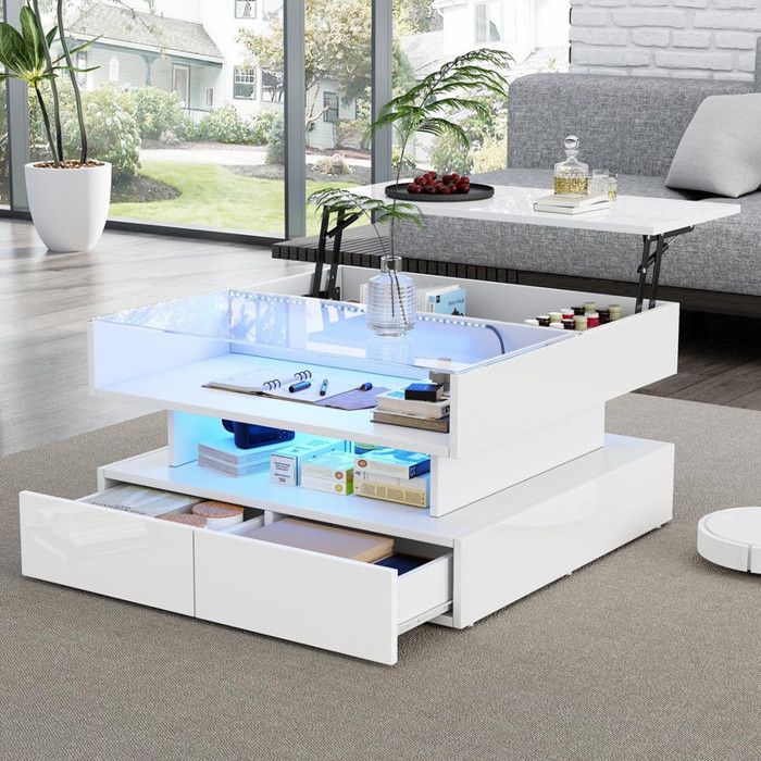 Table basse salon relevable 80x80x45 cm avec éclairage LED et 2 tiroirsTable de salon avec verre trempé brillant et tiroirs Blanc