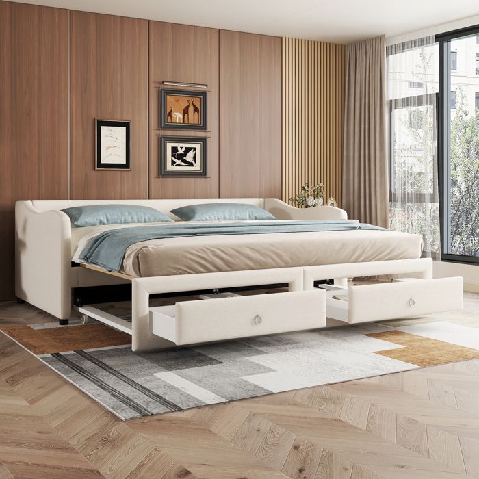 Lit avec rangement 90x200 cm en lin beige avec lit gigogne et deux tiroirs – style minimaliste