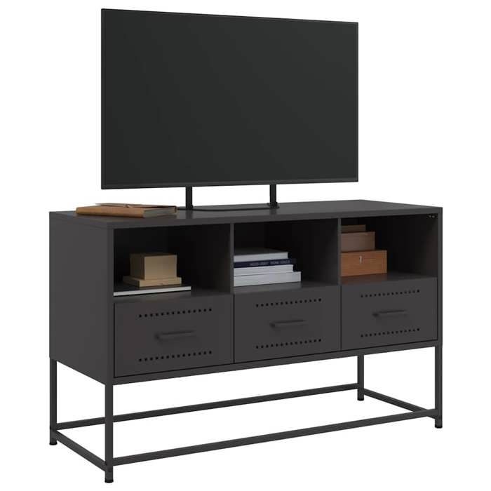 Meuble TV industriel - WIENS - 1005x39x605 cm - Noir - Acier - 3 compartiments - 3 tiroirs - Facile à nettoyer