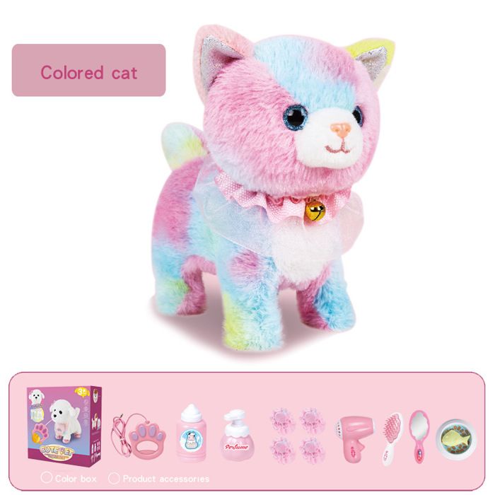 Peluche Chat Multicolore avec Accessoires de Soin Complets pour Enfant 3 ans+ Peluche Douce Collier et Sèche-Cheveux Jouet pour