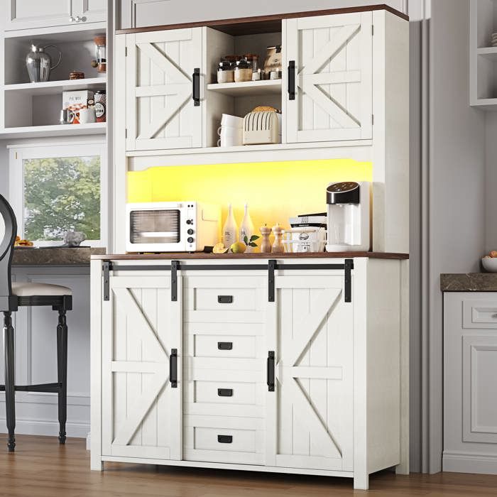 Buffet de cuisine campagnard - MODERNLUXE - 115x40x175 cm - 4 portes - 2 tiroirs - Éclairage LED multicolore - Blanc Buffet de cuisine campagnard - MODERNLUXE - 115x40x175 cm - 4 portes - 2 tiroirs - Éclairage LED multicolore - Blanc