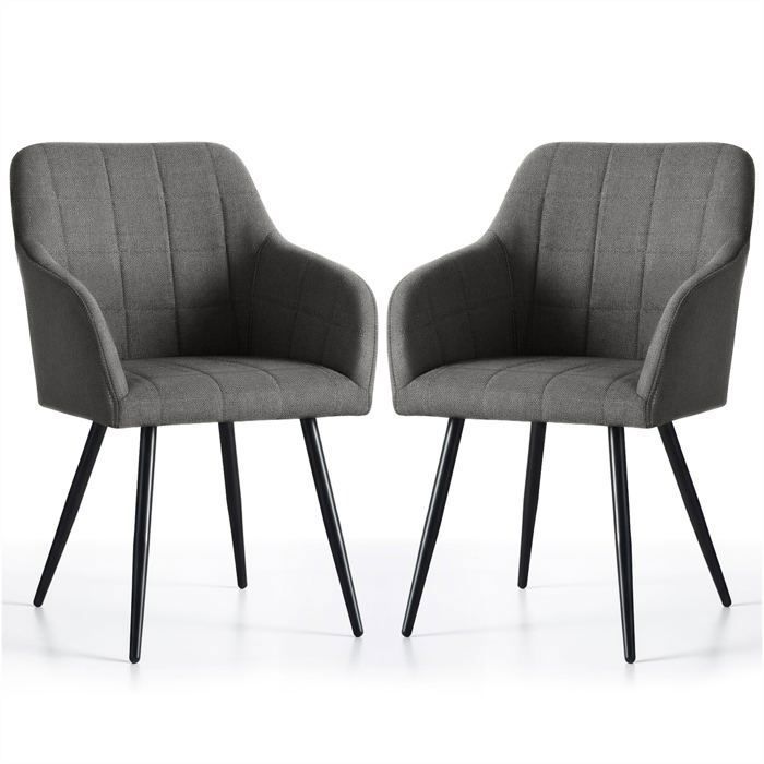 Lot de 2 Chaises rembourrées à surpiqûres carrées LUXANO Anthracite pieds noirs tissu Lumos