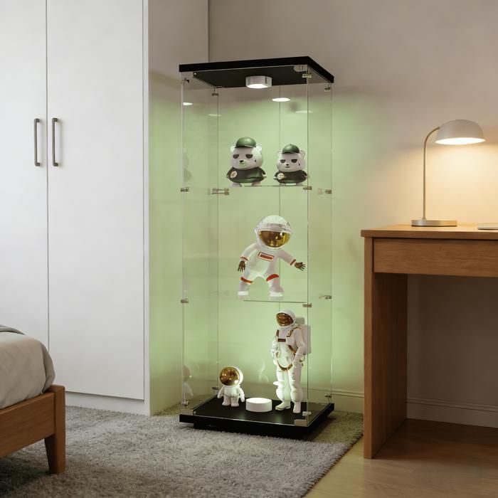 Vitrine en verre - COMANLAI - Armoire vitrine salon - 3 Étagères - LED intégrés - Noir