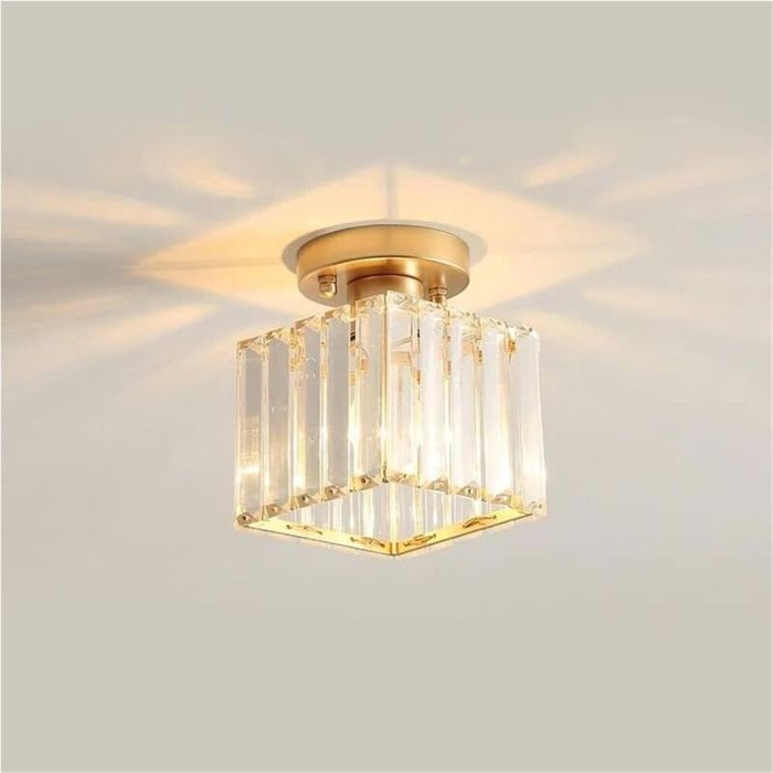 Mini lustre en cristal - MICH - Plafonnier moderne - Semi-encastré - Doré - Carré - 1 pièce - Cristaux longs
