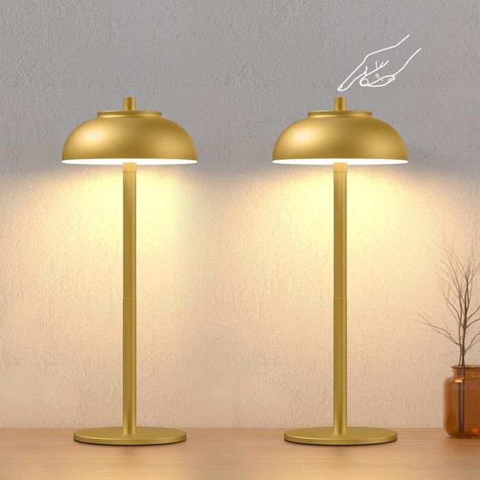 Lot de 2 lampes de table LED sans fil : 3 couleurs intensité variable batterie rechargeable(doré)