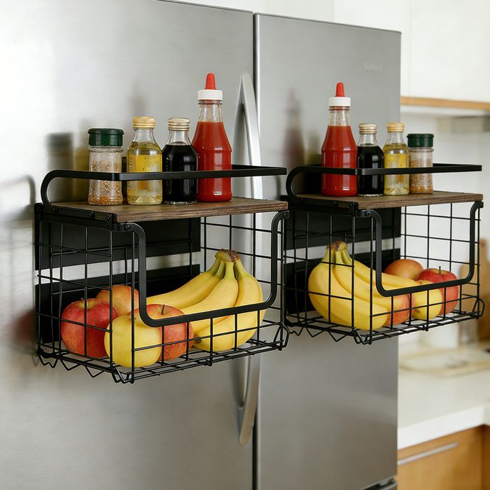 JEOBEST Étagère Magnétique Frigo - Lot de 2 - Corbeille Fruit Panier - 305×16×27cm - Rangement Organisation de Cuisine - Noir