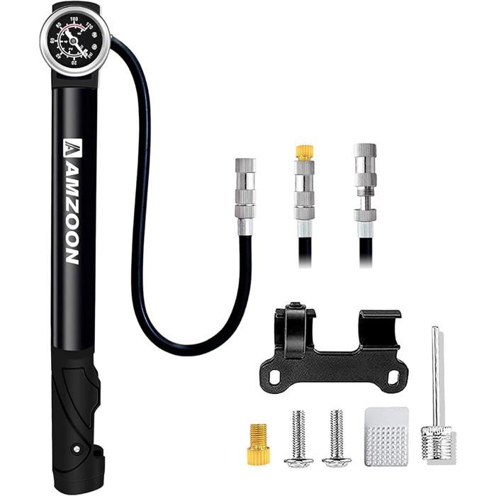 Mini Pompe à Vélo avec Manomètre et Tuyau Rallongé Adaptée pour Valves Schrader et Presta avec Aiguille de Gonflage