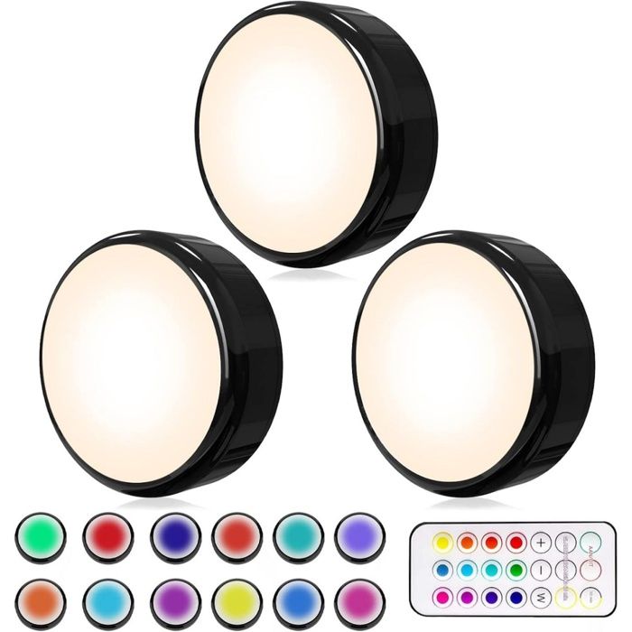 Éclairage pour meubles-Lot de 3-Éclairage sans fil RGBW pour meubles-Avec télécommande et minuterie-Fonctionne sur piles-Noir