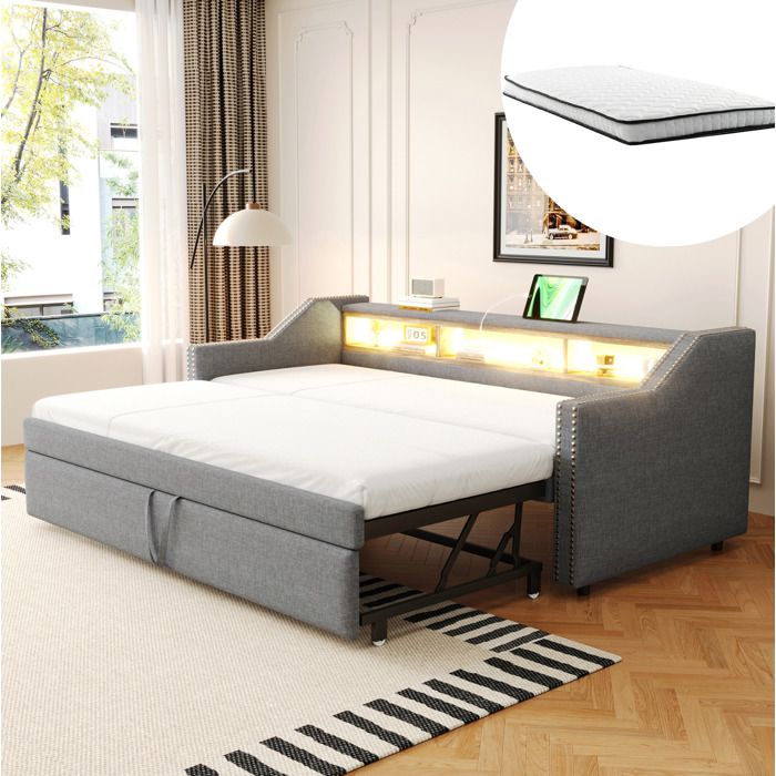 Canapé-lit convertible 90/180x190 cm gris clair en lin avec tiroir escamotable LED et USB – 2 matelas inclus