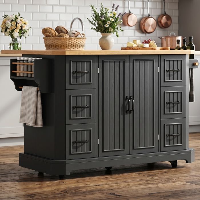 Buffet Îlot de cuisine mobile meuble de cuisine desserte de cuisine à 2 portes et 6 tiroirs sur roulettes 120x45(75)x91cm Noir