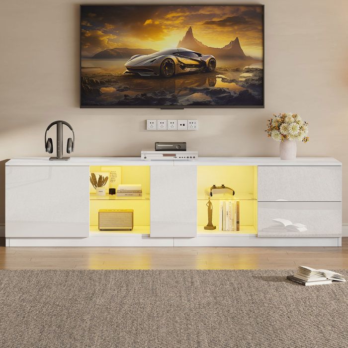 Meuble TV 160 x 40 x 52 cm commode brillante avec éclairage LED pour le salon et la chambre à coucher