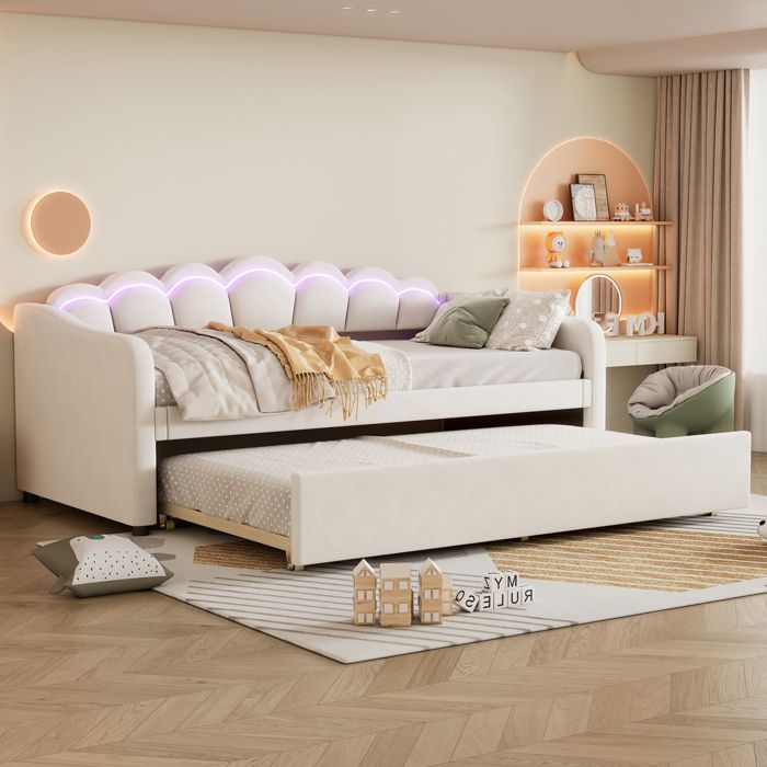 Lit simple beige 90×200 cm avec lit gigogne LED réglable sommier inclus sans matelas