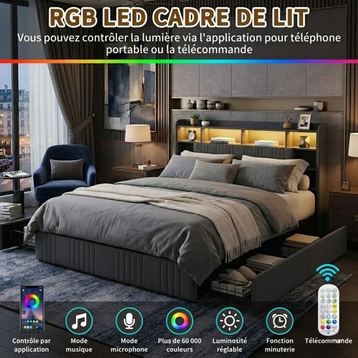 Lit Rembourré 160x200 - Lin Gris - 4 Tiroirs sur Roulettes - Tête de Lit Bibliothèque avec Chargeur USB/C - LED RGB - Sommier