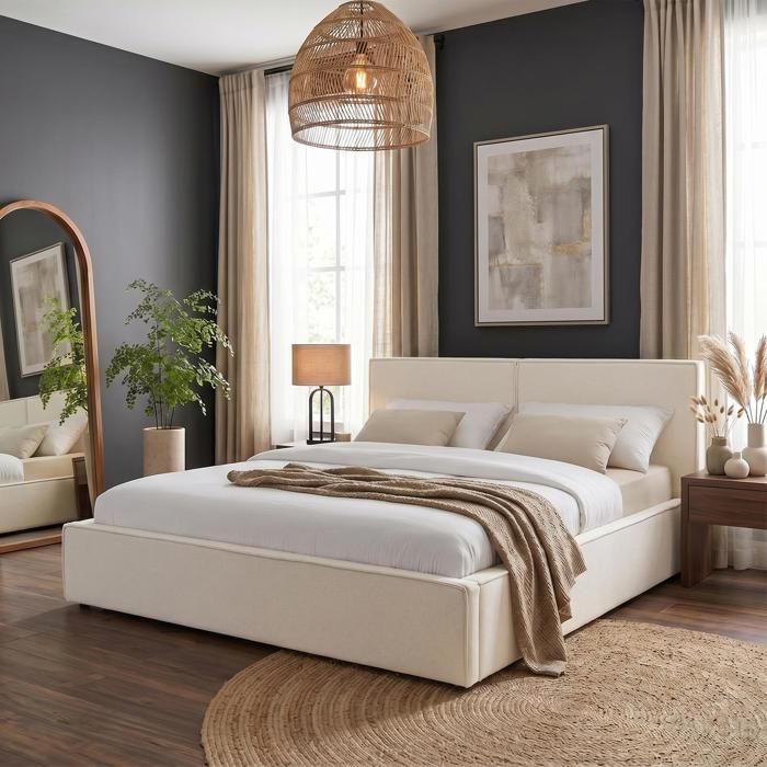 Lit Double CALM Rembourré 160 x 200 cm Queen Size Blanc Crème Confort Optimal avec Sommier à Lattes Inclus Tête de Lit en Tissu Lit Double CALM Rembourré 160 x 200 cm Queen Size Blanc Crème Confort Optimal avec Sommier à Lattes Inclus Tête de Lit en Tissu