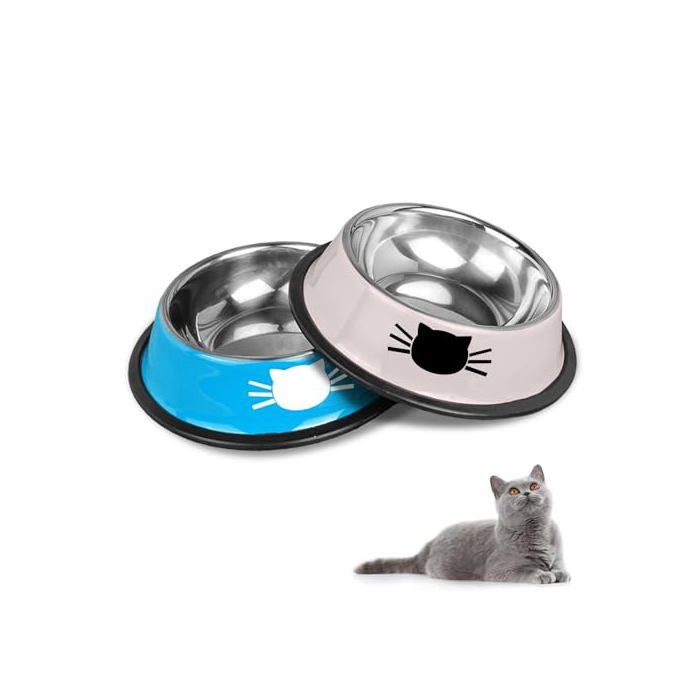 Ensemble de gamelles antidérapantes en acier inoxydable pour chat (bleu + gris)