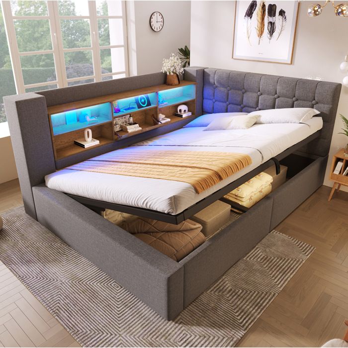 HOMVRA Lit double 140x190 cm - Lit banquette adulte avec LED et ESB rangements et sommier à lattes - Lin gris (sans matelas)
