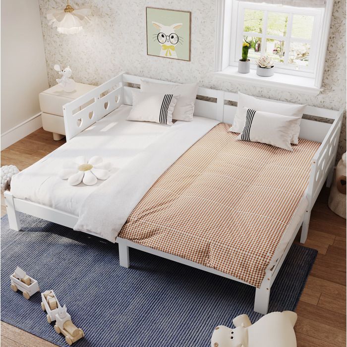 Lit gigogne escamotable 90x200 cm en pin massif avec sommier à lattes design cœur en blanc