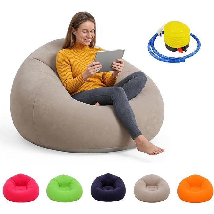 Fauteuil Gonflable avec PompePVC avec Surface FloquéeCanapé Lazy No Bean Bag Super Doux LavablePortable Pliable Café