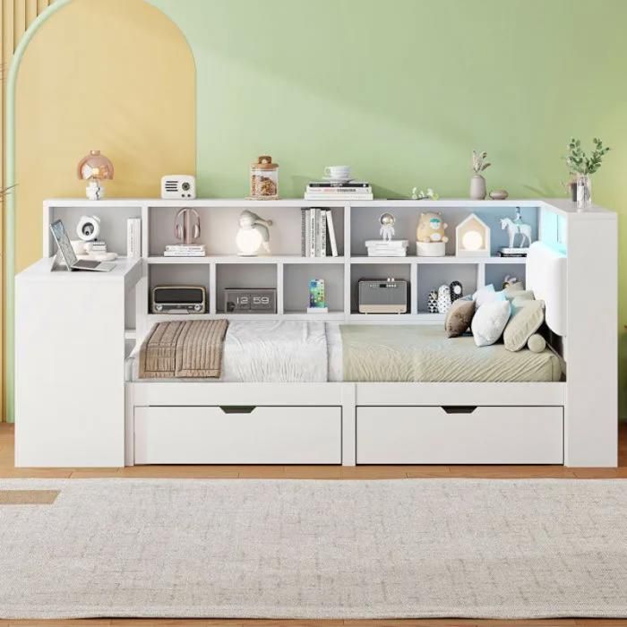 Lit plateforme L 90x200 avec bureau intégré bibliothèque ouverte tiroirs et LED gain de place pour chambre ado Blanc LIT COMBINE