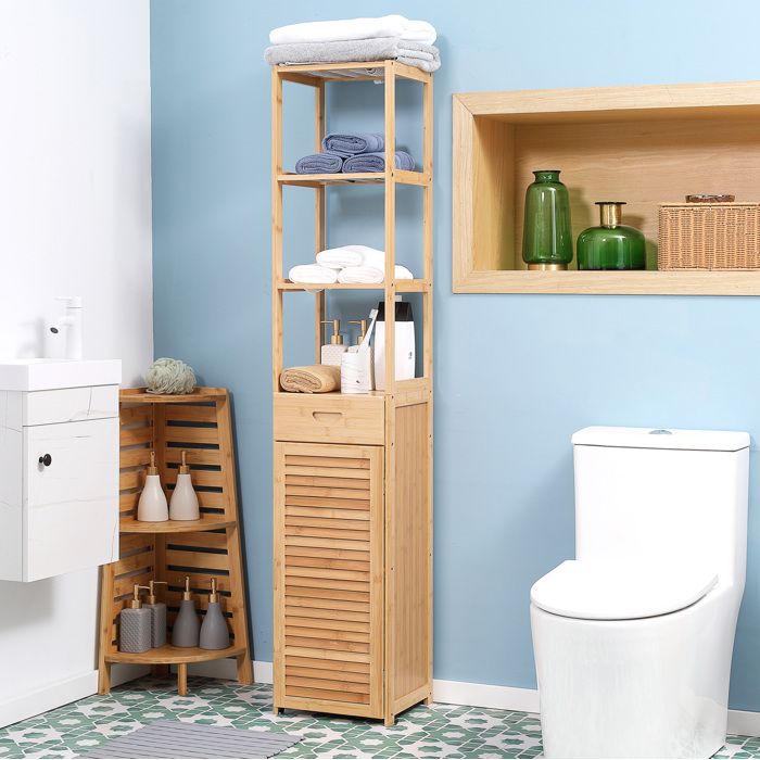 Meuble rangement salle de bain colonne en bambou avec 3 étagères 1 tiroir et porte à lattes 32 x 30 x 163 cm ORVRYN