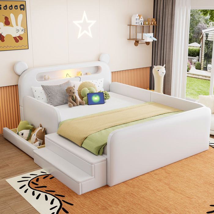LIT ENFANT - PANTAURAS - Rembourré - 140x200 - Blanc - Port USB & Rangement