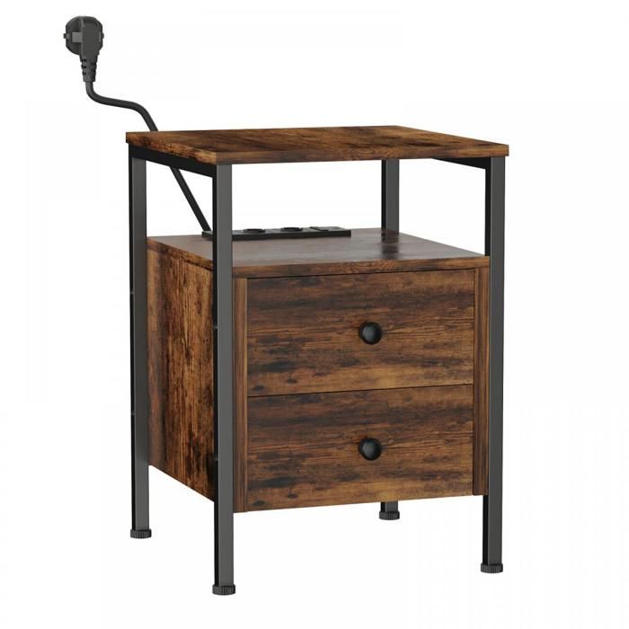 KEDIA Tables de Chevet 40x40x61cm Avec Prises Électriques Avec Tiroirs et Étagères de Rangement Marron Rustique