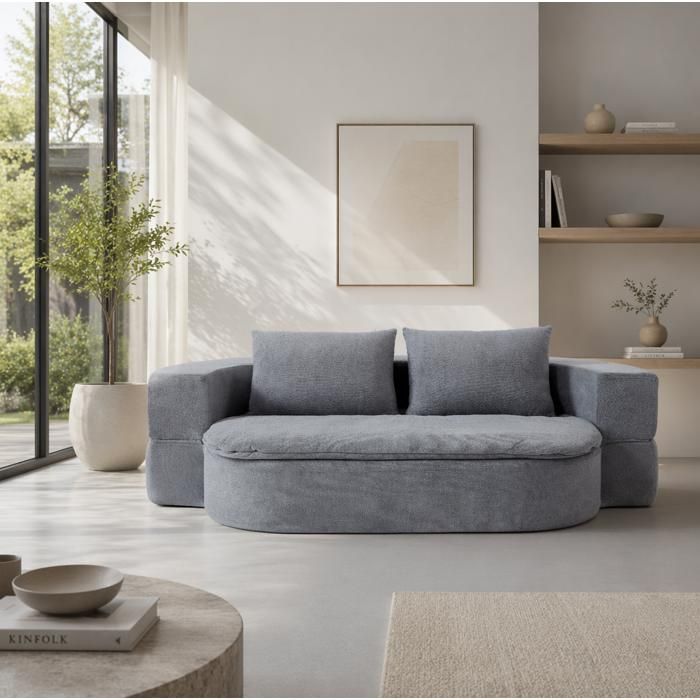 Canapé convertible 2 places Convertible 2 en 1 avec 2 coussins et couverture en flanelle gris clair 200 × 130 cm