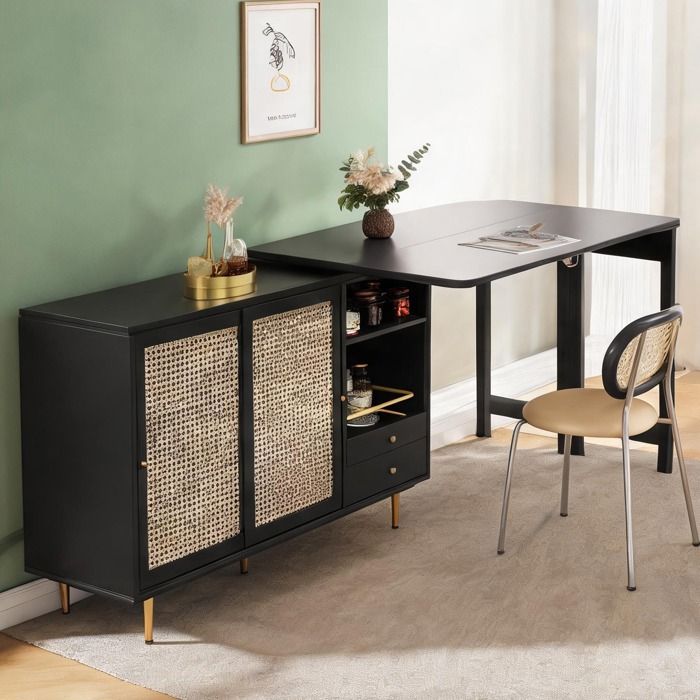 Buffet Bahut Enfilade - Meuble de cuisine extensible et rotatif 360° noir classique et cannage L107-187 cm