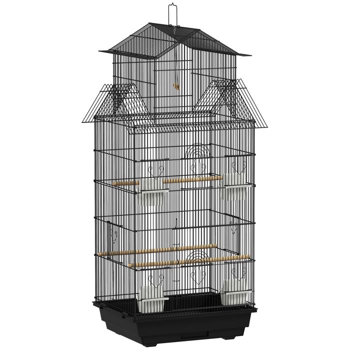 LIA Cage à oiseaux volière avec balançoire poignée portable 4 mangeoires 3 perchoirs 505 x 41 x 104 cm en acier noir