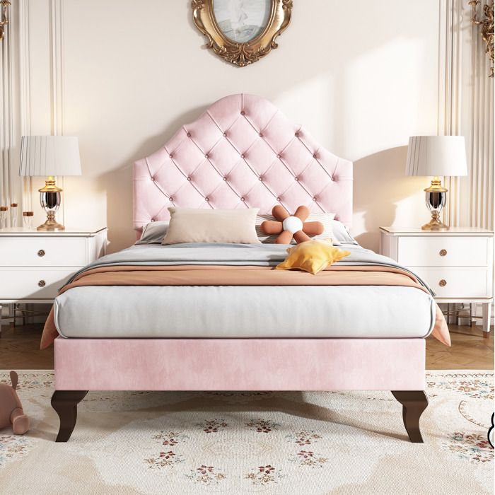 Lit rembourré 1 place AESVAR 90 x 200 cm en velours rose avec sommier à lattes et tête de lit réglable
