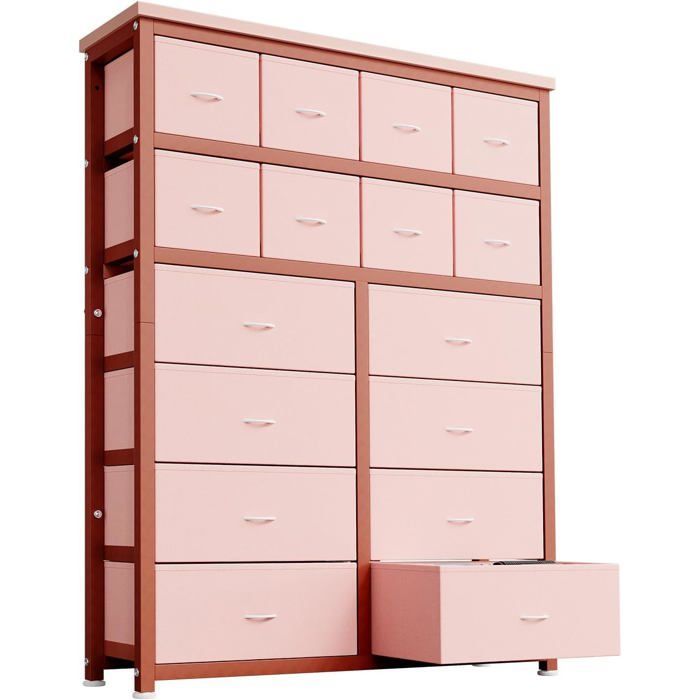 Commode 16 tiroirs - Rangement armoire multifonction - Structure métal stable - Rose MDF PB tissu - Entrée chambre couloir