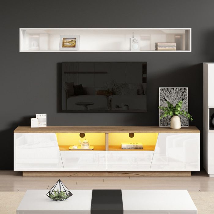 Comfyu - Meuble TV rectangulaire laqué brillant 180x40x46 cm avec 2 portes 2 tiroirs et 2 étagères ouvertes éclairage LED - Blanc