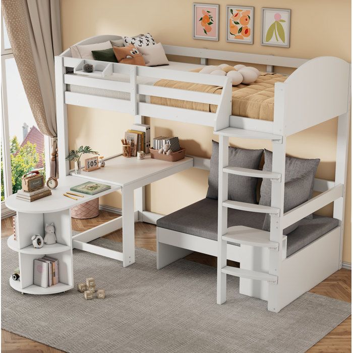 Lit superposé Enfant 90×200 cm Bureau Fixe Canapé et USB - HAVRYA - avec matelas Bois - Blanc