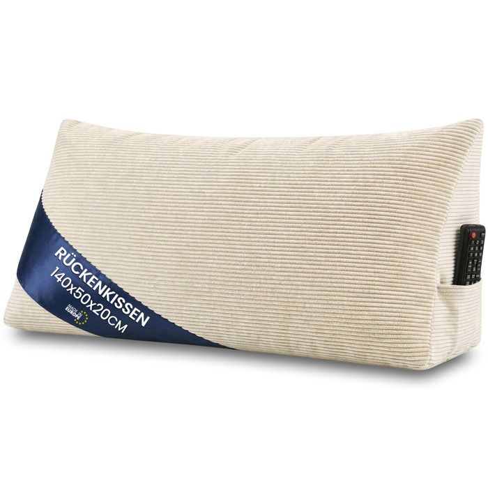 Coussin de lecture lit canapé 140 cm dossier triangulaire appui dos velours côtelé beige