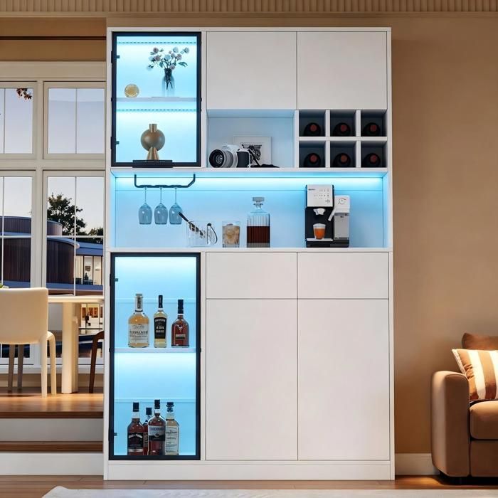 Vitrine en Verre avec éclairage LED Vitrine Salon avec 6 Portes 2 Tiroirs Compartiments Ouverts Bibliothèque Meuble de Rangement