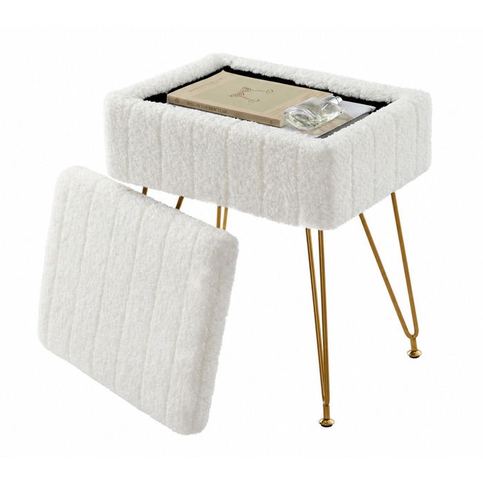 Chaise de maquillage–Ottoman rectangulaire rembourré en fausse fourrure– Pieds acier doré antidérapants–Blanc