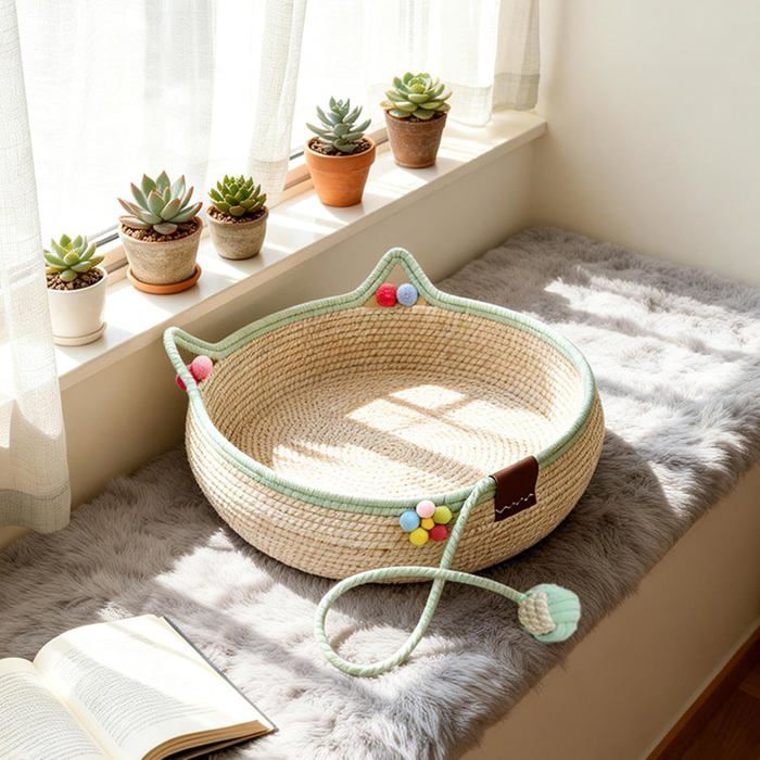 Panier chat tressé - Lit et griffoir en corde de coton avec balle suspendue pour chat et petit chien
