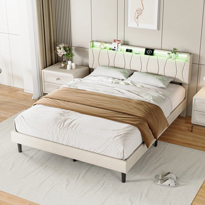 Structure de Lit 160 x 200 cm - Sommier à Lattes - Rembourré en Beige Lin - avec port USB et LED - lit double moderne